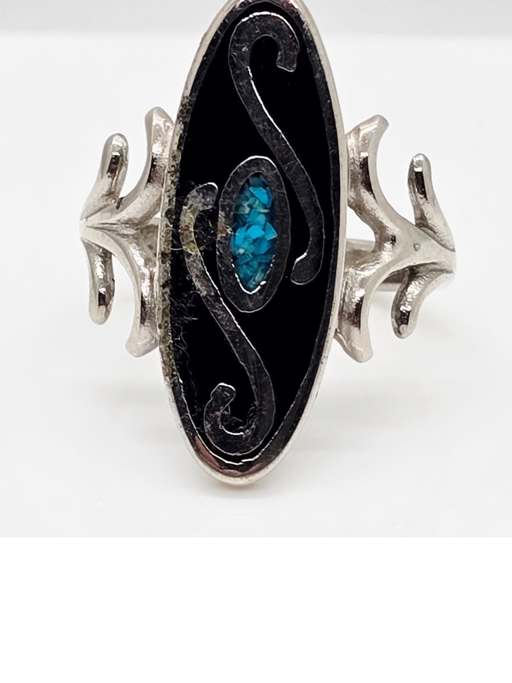 Silver Tone Black Enamel Ring with Teal Crystal Accent